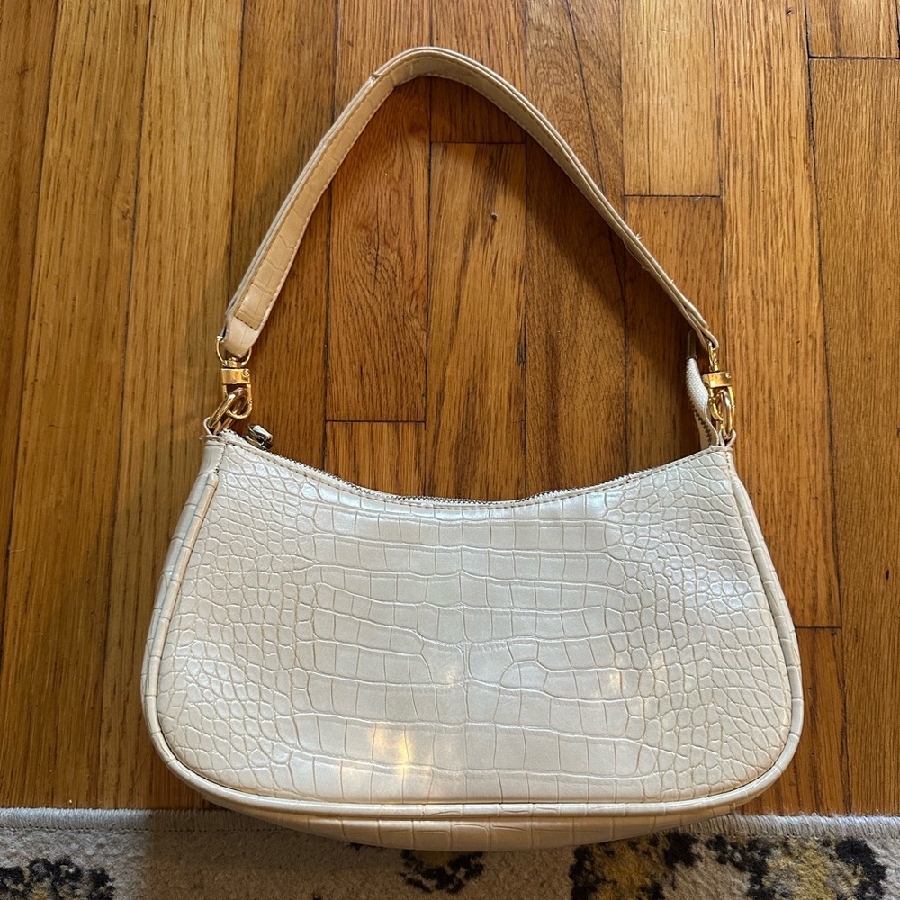 Cream Crocodile-Embossed Shoulder Bag